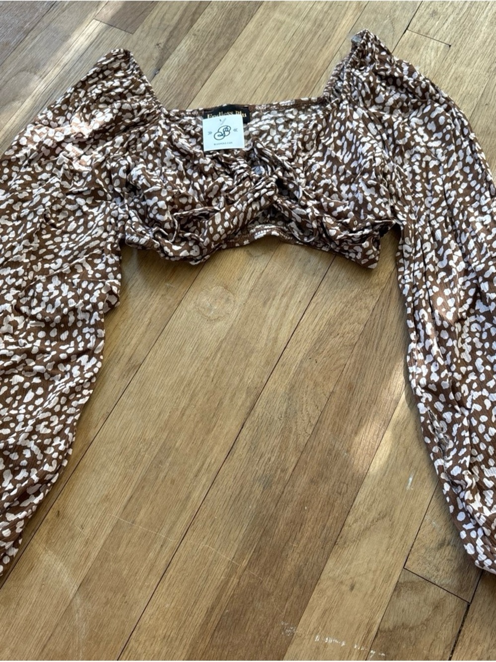 Brown Printed Puff-Sleeve Crop Top with Tie Front